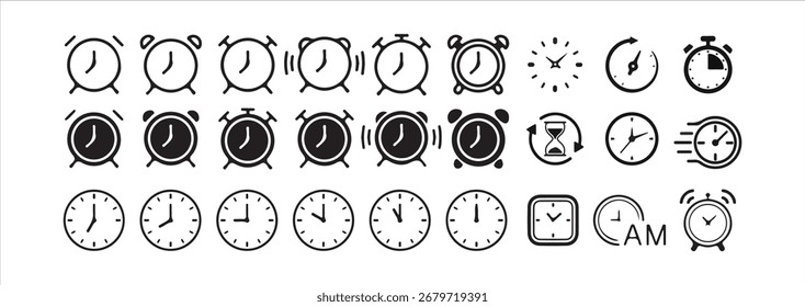 
Timer icon set. Alarm clock symbol. Watch countdown vector illustration. stopwatch, timer, watch icon. Black clock icon. vector illustration eps 10