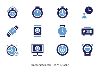 Timer icon set. Bold style. Duotone colors. wristwatch, chronometer, time, stopwatch, alarm, digitalclock, tv, smartphone.