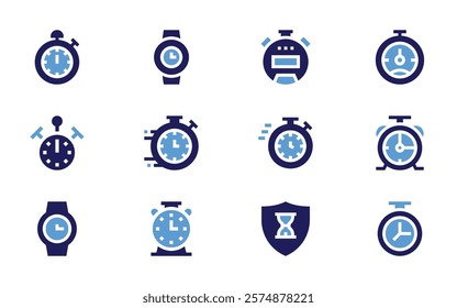 Timer icon set. Bold style. Duotone colors. watch, time, wristwatch, chronometer, alarmclock, stopwatch, alarmclocks, antiage.
