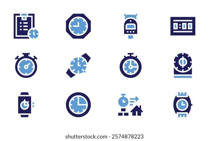 Timer icon set. Bold style. Duotone colors. timer, kitchentimer, chronometer, clock, wristwatch, timemanagement, process, smartwatch, minutes, stopwatch.