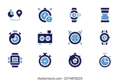 Timer icon set. Bold style. Duotone colors. timer, deadline, wristwatch, watch, stopwatch, watches, sandclock, chronometer, alarmclock, chessclock, cookingtime.