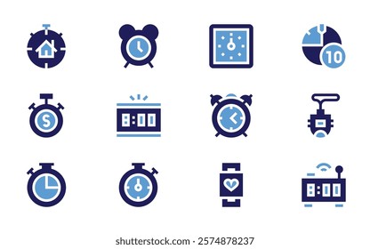 Timer icon set. Bold style. Duotone colors. timer, chronometer, alarm, stopwatch, deadline, smartclock, watch, clock, digitalalarmclock, alarmclock.