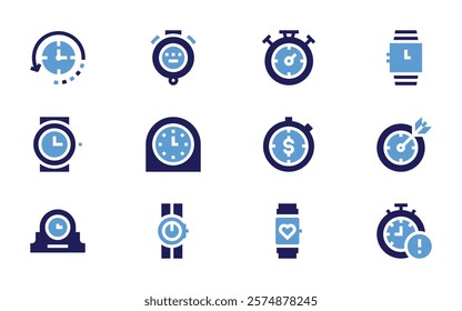 Timer icon set. Bold style. Duotone colors. kitchentimer, wristwatch, clock, time, overdue, watch, chronometer, intime, stopwatch.