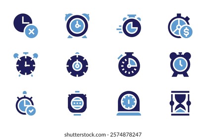 Timer icon set. Bold style. Duotone colors. time, alarm, alarmclock, stopwatch, chronometer, clock, kitchen, timeismoney, hourglass.