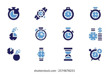 Timer icon set. Bold style. Duotone colors. deadline, stopwatch, wristwatch, watch, clock, chronometer, sandtimer, timeismoney, alarm.