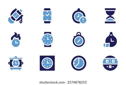 Timer icon set. Bold style. Duotone colors. deadline, hourglass, clock, wristwatch, watch, chronometer, time, stopwatch, pot.