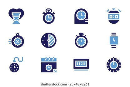 Timer icon set. Bold style. Duotone colors. chronometer, wristwatch, time, clocks, alarm, sunclock, calendar, pocketwatch, flashsale, insurance.