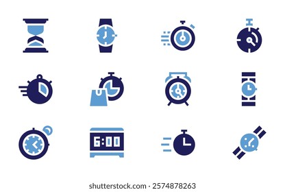 Timer icon set. Bold style. Duotone colors. chronometer, timer, time, stopwatch, wristwatch, hourglass, alarm, alarmclock, watch.