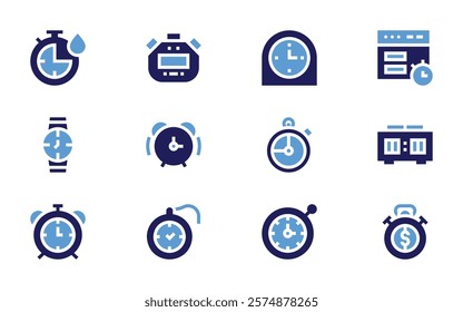 Timer icon set. Bold style. Duotone colors. alarmclock, quickdry, clock, stopwatch, testing, pocketwatch, chronometer.