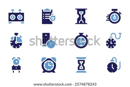 Timer icon set. Bold style. Duotone colors. timer, alarm, clock, pocketwatch, alarmclock, stopwatch, hourglass, smartphone, clipboard, chessclock.