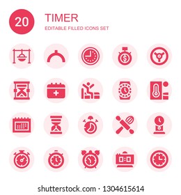 timer icon set. Collection of 20 filled timer icons included Cooking, Noon, Clock, Time, Racing, Hourglass, Schedule, Wake up, Watch, Heat, Stop watch, Chronometer, Timer, Alarm clock