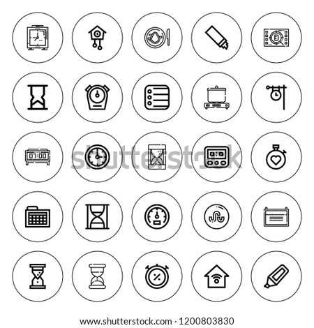Timer icon set. collection of 25 outline timer icons with clock, clocks, chronometer, countdown, cooking, cuckoo clock, hourglass, highlighter, schedule icons. editable icons.