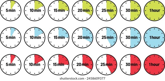 timer icon set green, blue, red 