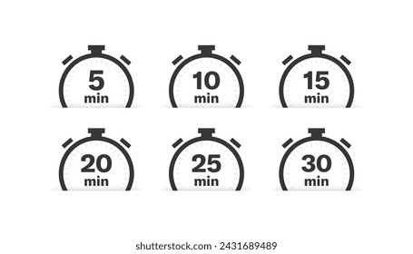 Timer icon set. Minute timer stopwatch icons. Flat style. Vector icons