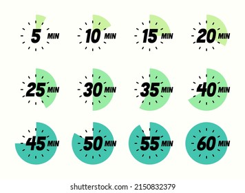 Timer Icon Set, Modern Vector Design. Clock, Stop Watch, Chronometer Showing Different Minutes. Cooking Time Label, 10, 15, 25 Min. Vector Eps.