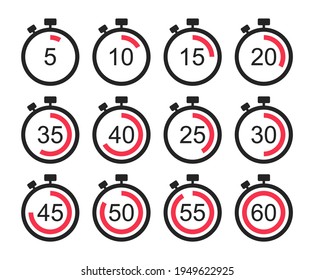 Timer icon set. Stopwatch with countdown minutes. Clock, time and digital timers. Sport watch. Vector illustration.