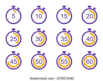 Timer icon set. Stopwatch with countdown minutes. Clock, time and digital timers. Sport watch. Vector illustration.