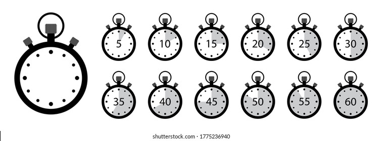 Timer icon. Set of stopwatches. Clock with stop time and arrow. Watch for speed in sport. Chronometer and countdown with interval. 5, 10,15, 20, 25, 30, 35, 40, 45, 55, min. label of deadline. Vector.