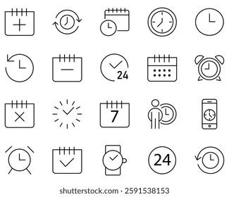 Timer icon set. Time and clock - simple thin line icons collection. Watch icon symbol. set. Complete twelve hours pointed clockwise o'clock sharp. Timer from 10 to 60 minutes, vector illustration. 