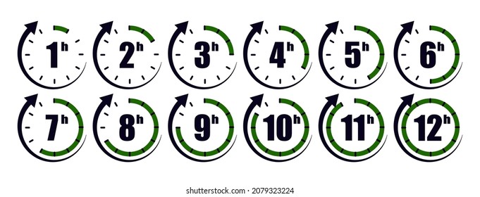 Timer icon. Stopwatch with minute and hour. Clock for time, deadline, countdown and stop. Watch with hour from 1 to 12. Chronometer for speed, sport and cooking. Set of graphic symbols. Vector.