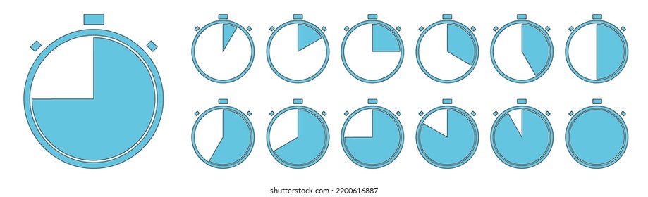 Timer Icon. Stopwatch With Second And Minute. Clock For Time, Countdown And Stop. Watch With Sec From 5 To 60. Chronometer For Speed, Sport And Cooking. Set Of Graphic Symbols. Vector.