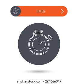 Timer icon. Stopwatch sign. Sport competition symbol. Gray flat circle button. Orange button with arrow. Vector