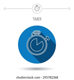 Timer icon. Stopwatch sign. Sport competition symbol. Blue flat circle button. Linear icon with shadow. Vector