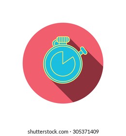 Timer icon. Stopwatch sign. Sport competition symbol. Red flat circle button. Linear icon with shadow. Vector