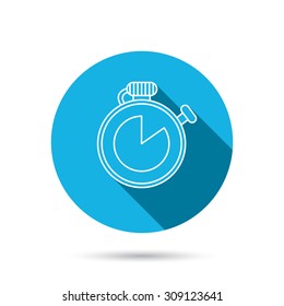 Timer icon. Stopwatch sign. Sport competition symbol. Blue flat circle button with shadow. Vector