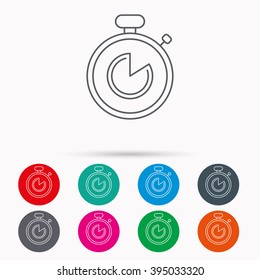 Timer icon. Stopwatch sign. Sport competition symbol. Linear icons in circles on white background.