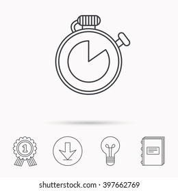 Timer icon. Stopwatch sign. Sport competition symbol. Download arrow, lamp, learn book and award medal icons.