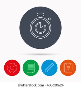 Timer icon. Stopwatch sign. Sport competition symbol. Calendar, cogwheel, document file and pencil icons.