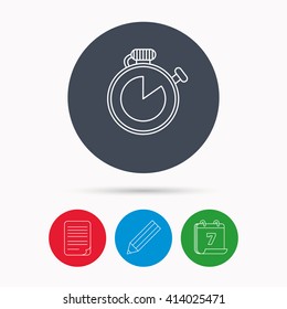 Timer icon. Stopwatch sign. Sport competition symbol. Calendar, pencil or edit and document file signs. Vector