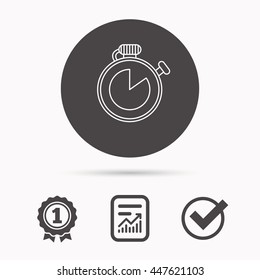 Timer icon. Stopwatch sign. Sport competition symbol. Report document, winner award and tick. Round circle button with icon. Vector