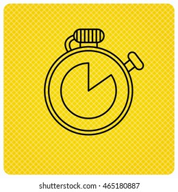 Timer icon. Stopwatch sign. Sport competition symbol. Linear icon on orange background. Vector