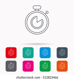 Timer icon. Stopwatch sign. Sport competition symbol. Linear icons in squares on white background. Flat web symbols. Vector