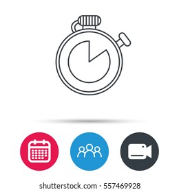Timer icon. Stopwatch sign. Sport competition symbol. Group of people, video cam and calendar icons. Vector