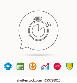 Timer icon. Stopwatch sign. Sport competition symbol. Calendar, Graph chart and Cogwheel signs. Download and Shield web icons. Vector
