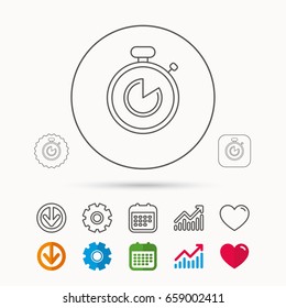 Timer icon. Stopwatch sign. Sport competition symbol. Calendar, Graph chart and Cogwheel signs. Download and Heart love linear web icons. Vector