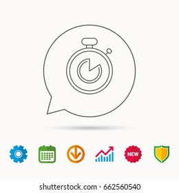 Timer icon. Stopwatch sign. Sport competition symbol. Calendar, Graph chart and Cogwheel signs. Download and Shield web icons. Vector