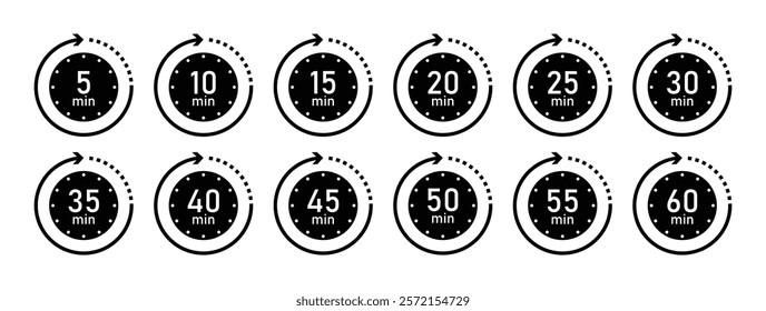 Timer icon vector collection in black and white color. Set of timer stopwatch icons. Countdown icon from 5 to 60 minutes. Timer clock stopwatch icons set. Alarm clock vector symbols. Cooking timer set