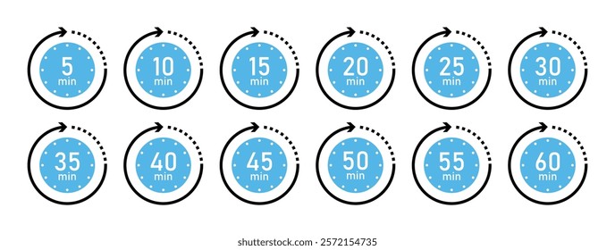 Timer icon vector collection in blue color. Set of timer stopwatch icons. Countdown icon from 5 to 60 minutes. Timer clock stopwatch icons set. Alarm clock vector symbols. Cooking timer set