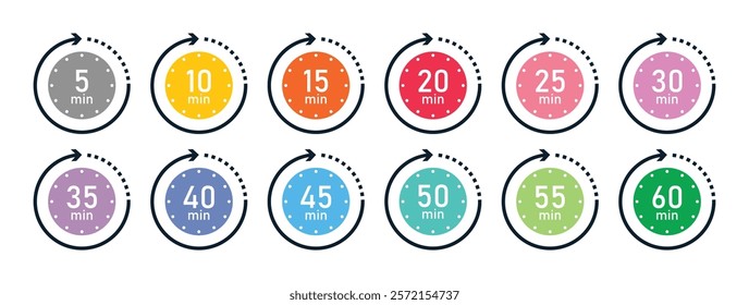 Timer icon vector collection in colorful style. Set of timer stopwatch icons. Countdown icon from 5 to 60 minutes. Timer clock stopwatch icons set. Alarm clock vector symbols. Cooking timer set