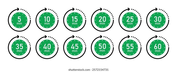 Timer icon vector collection in green color. Set of timer stopwatch icons. Countdown icon from 5 to 60 minutes. Timer clock stopwatch icons set. Alarm clock vector symbols. Cooking timer set