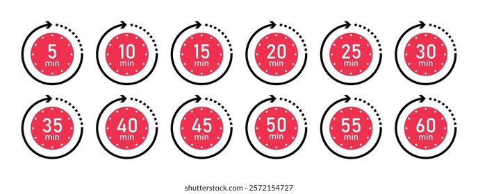 Timer icon vector collection in red color. Set of timer stopwatch icons. Countdown icon from 5 to 60 minutes. Timer clock stopwatch icons set. Alarm clock vector symbols. Cooking timer set