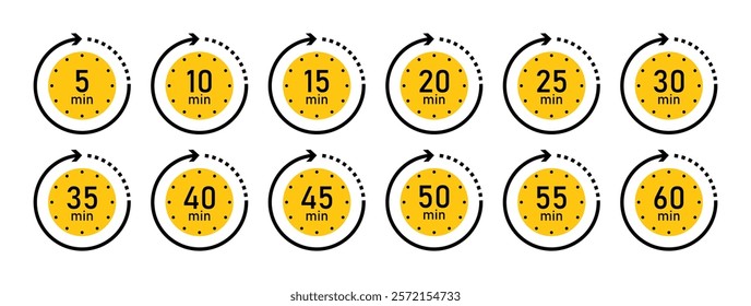 Timer icon vector collection in yellow color. Set of timer stopwatch icons. Countdown icon from 5 to 60 minutes. Timer clock stopwatch icons set. Alarm clock vector symbols. Cooking timer set