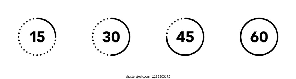 Conjunto de vectores de icono de temporizador. Señales de temporizador con 15, 30, 45, 60 segundos o minutos. Ilustración vectorial.