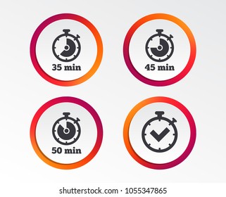 Timer icons. 35, 45 and 50 minutes stopwatch symbols. Check or Tick mark. Infographic design buttons. Circle templates. Vector