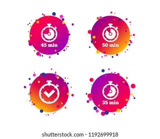 Timer icons. 35, 45 and 50 minutes stopwatch symbols. Check or Tick mark. Gradient circle buttons with icons. Random dots design. Vector