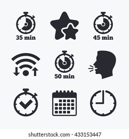 Timer icons. 35, 45 and 50 minutes stopwatch symbols. Check or Tick mark. Wifi internet, favorite stars, calendar and clock. Talking head. Vector